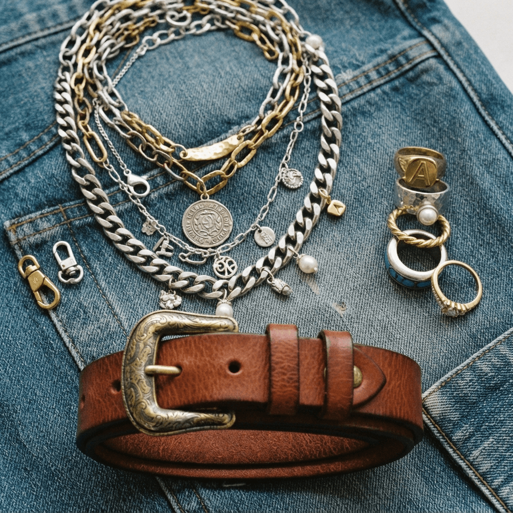 Layered Curb Chains & Embossed Leather Belt